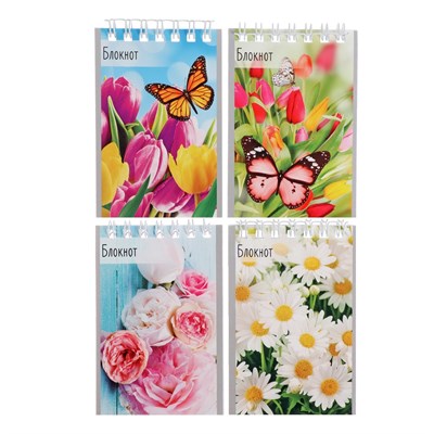 Блокнот  А7  АЛЬТ 40л. скрепка "Цветы" обл. картон, вертик. открывание НФ-00024925